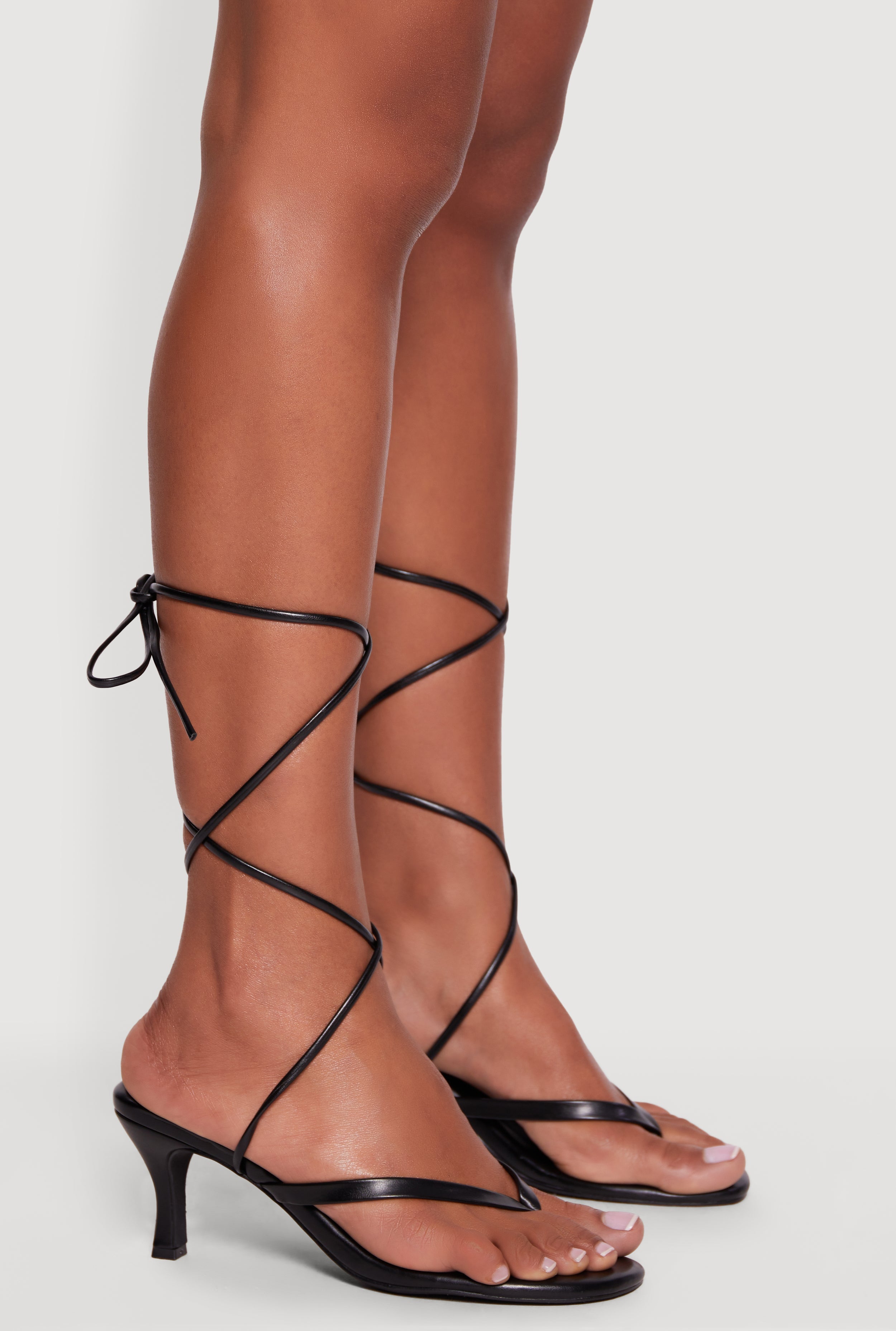 Trendy Faux Leather Thong Lace Up Heels
