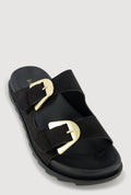 Faux Suede Double Metallic Buckle Slide Sandals
