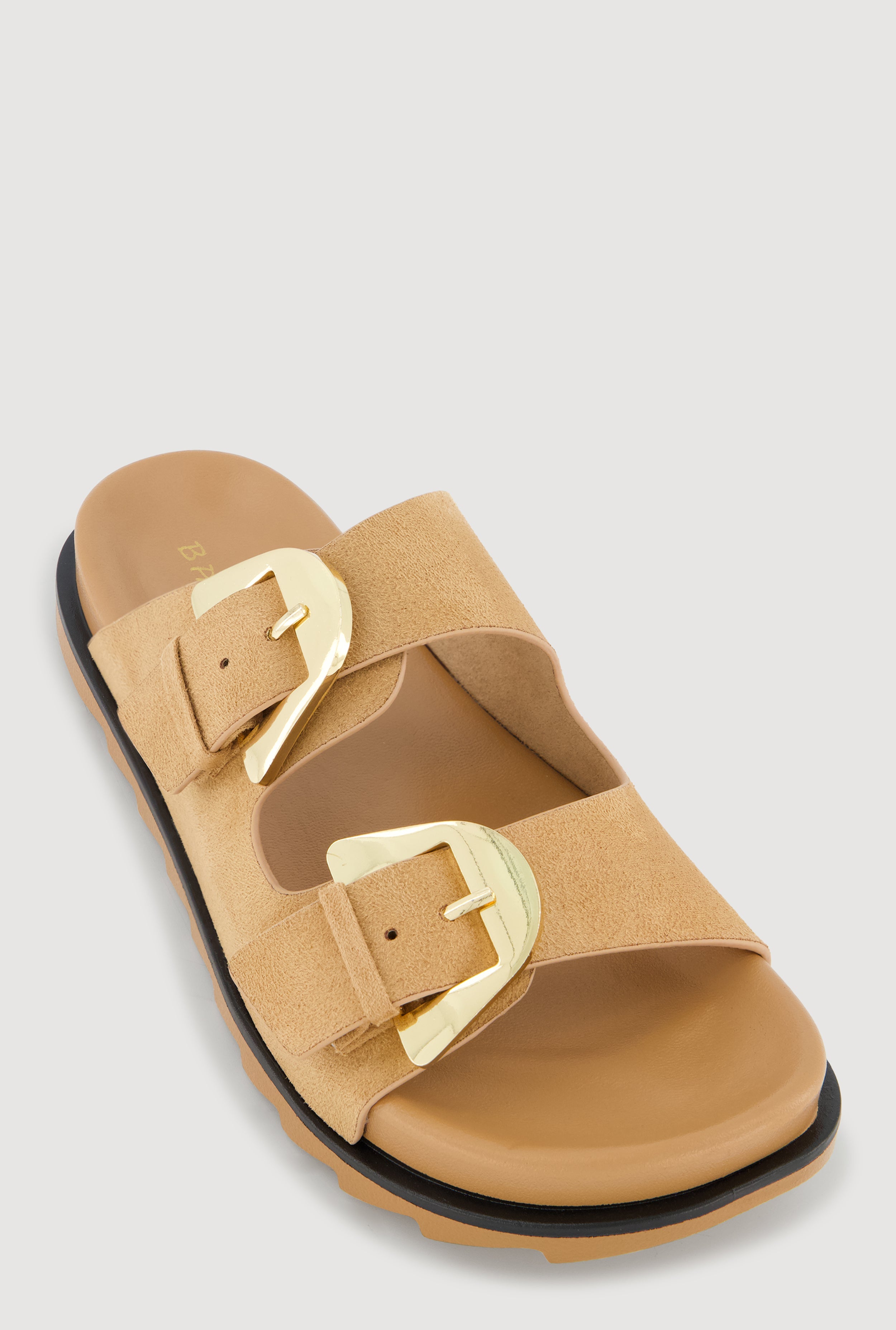 Faux Suede Double Metallic Buckle Slide Sandals